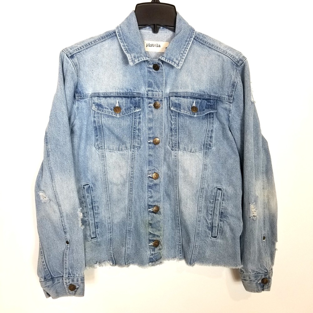 Pistola Rowan Boyfriend Trucker Denim Jacket Sz S Light Vintage Wash‎ Raw Hem